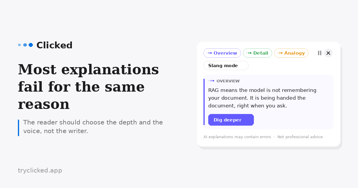 The Clicked popup showing a casual explanation of RAG at Overview depth, with pills for Overview, Detail and Analogy